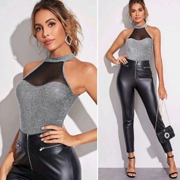 Shein Mesh Insert Glitter Halter top NYE Holiday - Picture 2 of 11